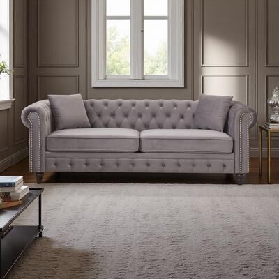 ZWYO HOSIMU 82.5-Inch Deluxe Velvet Sofa, Chesterfield Tufted with Button Design, 2 Pillows & Metal Legs, Comfortable Spring & Foam Cushions