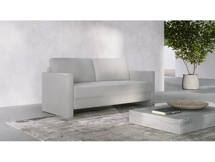 BRUNO Schlafsofa 160cm in Hellgrau Kubus stabiles Massivholz & Boxspringkomfort