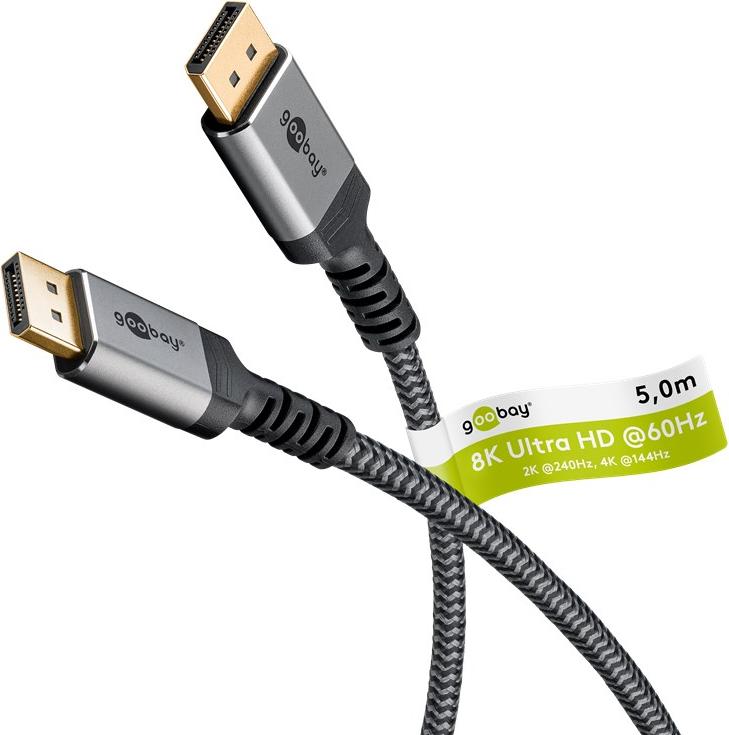 12x Goobay 65267 Plus Serie DisplayPort-Kabel 1.4, 32,4 Gbit/s, 5 m, schwarz-silber - 8K/60Hz DSC