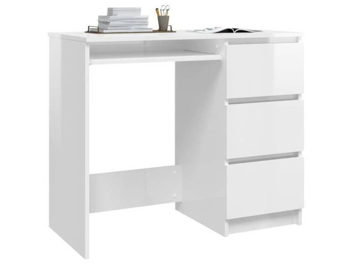 Bureau - AKOZON - Blanc brillant - 90x45x76 cm - 3 tiroirs - Aggloméré