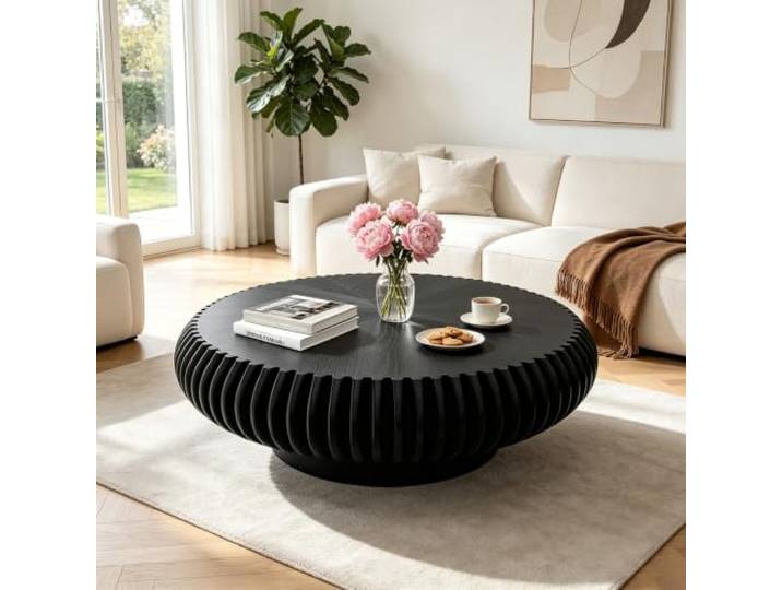 YAOBAO Runder Geriffelter Couchtisch mit Stabiler Säulenbasis – Moderner Trommel-Couchtisch aus Holz, Runder Mitteltisch für Wohnzimmer, Wohnung, Empfangsbereich oder Büro (Black Round 100cm)