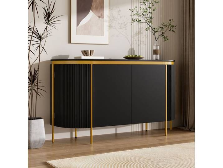MEULVA Buffet ovale noir 140 cm 4 portes sans poignées MDF pieds métalliques et passe-câbles