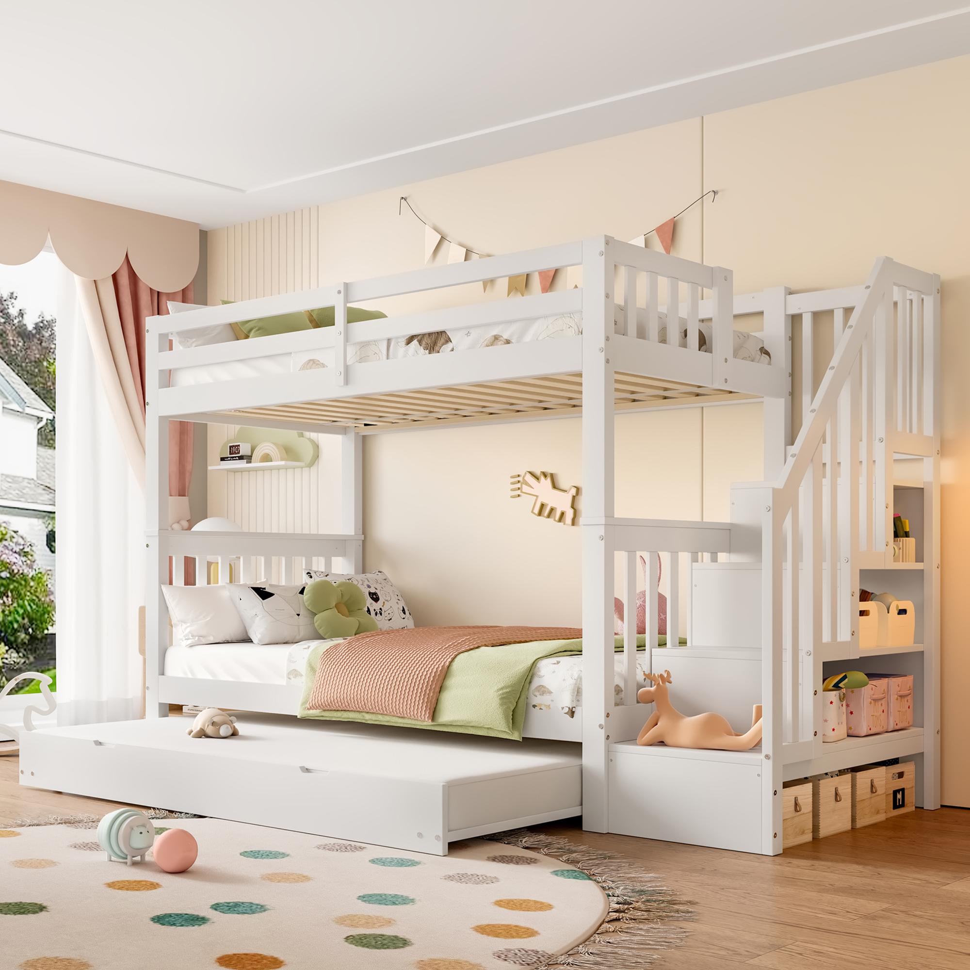 =(WX000819AAK-1) 90 x 200cm Etagenbett, Treppenregal, ausgestattet mit ausziehbares Rollbett, hohe Geländer, EN747-1 , weiß