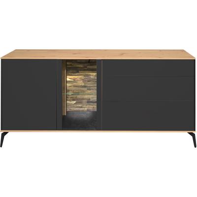 Lowboard MÄUSBACHER, schwarz (anthrazit matt lack, asteiche), B:169cm H:65cm T:42cm, Sideboards, Lowboard, Faro Lowboard B 169 cm, inkl.Beleuchtung, Push to open, Metallfüße