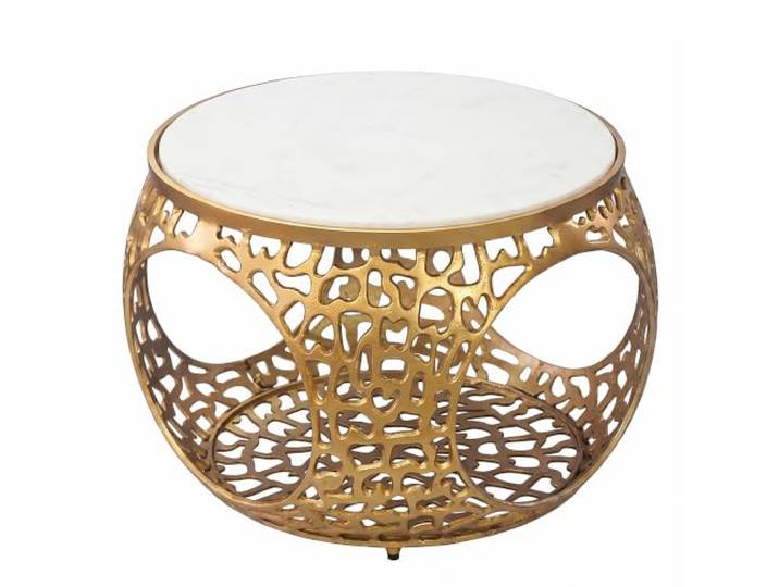 WOHNLING Couchtisch 60x45cm Echter Marmor Weiß Aluminium Gold Handgefertigt Runder Beistelltisch, Sofatisch mit Marmorplatte, Wohnzimmertisch aus Metall, Ablagetisch mit Stauraum
