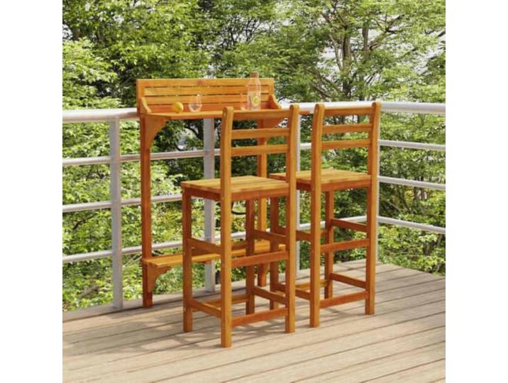 WDGJJFECNMUEHI Bois d'acacia massif Ensemble de bar de Balcon Brun 25.5 Ensemble de bar de balcon 3 pcs Bois d'acacia massif Table haute tabourets avec repose-pieds pour terrasse jardin patio