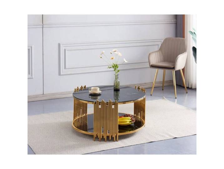 Table Basse ronde STICK Gold et plateau en verre MARBRE NOIR D90 H45 cm