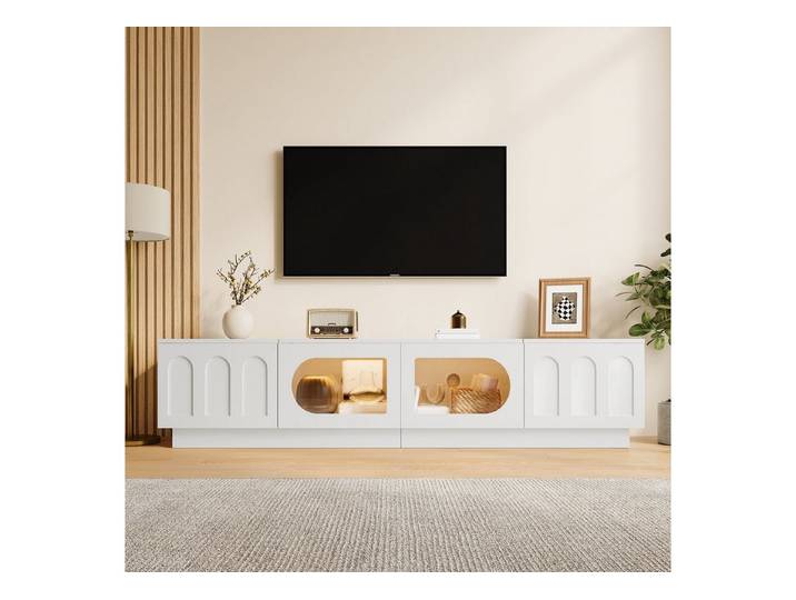 Odikalo TV-Schrank Lowboard Fernsehschrank mit LED BogenreliefTüren Glasscheiben (TV Lowboard TV Board mit 4 Türen LED Licht APP Steuerung Glastür Bogentür Kabeldurchlass Wohnzimmer)