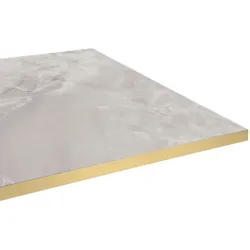 Restootab - Tischplatte 70x70 Dekor Marmor perla Kanten messingfarben