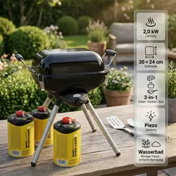 Gazcamp BBQ Multi Grill Deluxe Plus mit Schraubkartuschen-Auswahl - Grill + 8 Ka...