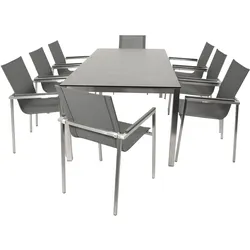 Garnitur MELBOURNE 9-teilig, Edelstahl + Glas + Kunstgewebe grau