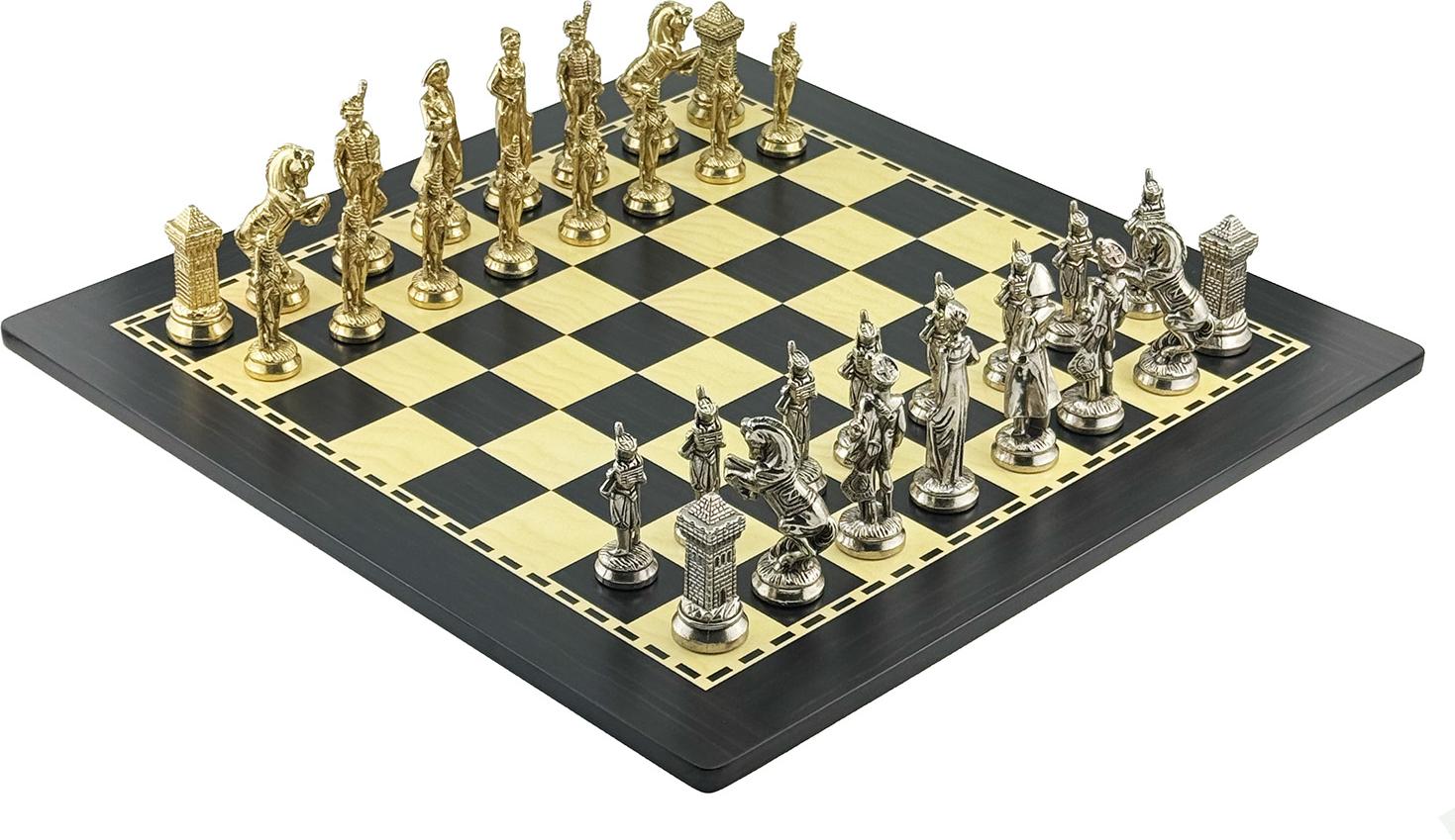 Italfama Napoleon Schachset 10 cm | Messing & Nickel | Italienisches Holzbrett 50 cm