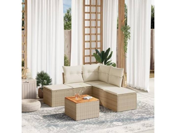 KTHLBRH Gartenmöbel-Set 6-teilig mit Kissen beige aus Polyrattan Modular mit Sitzsack, Beistelltisch aus Akazie, wetterfest, leicht zu reinigen
