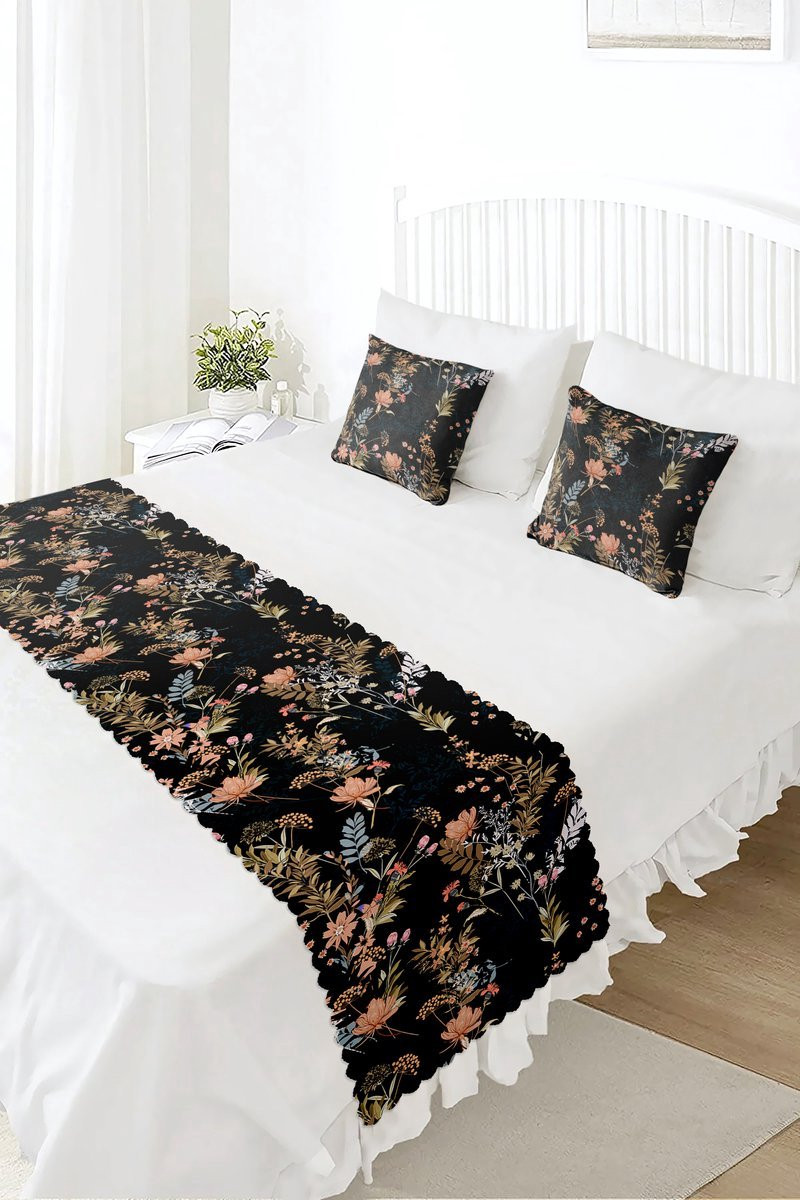 De Groen Home Bedloper en Kussenhoes Set met Bloemenprint op Zwart - Bedsprei van Velvet Textiel