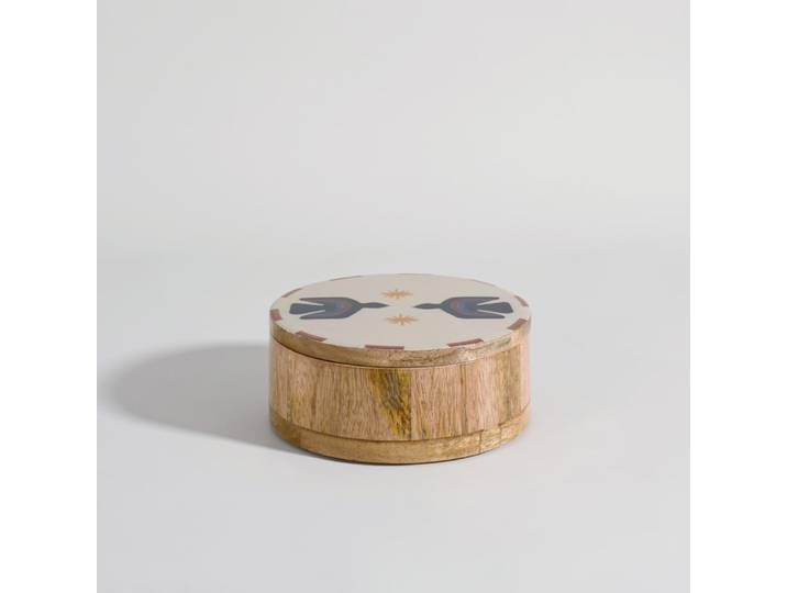 Dekorative Schachtel aus Mangoholz mit mehrfarbigen Vogelmotiven, L 18 cm