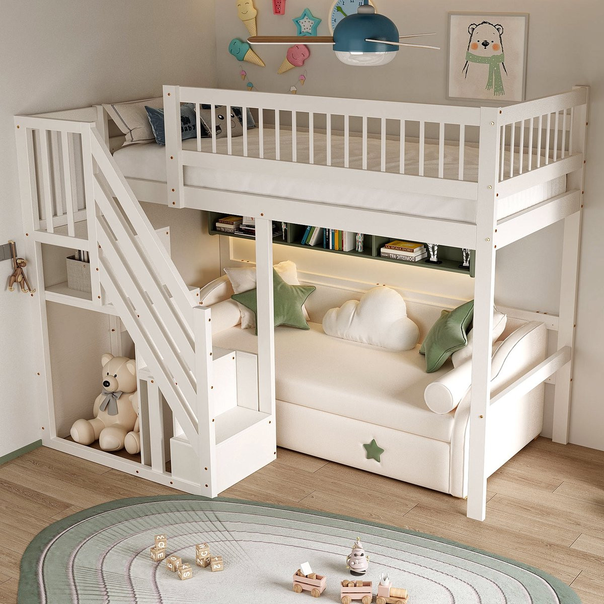 Sweiko Houten Hoogslaper voor kinderen met opbergruimte - Wit - 90 x 200 cm