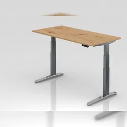 PROREGAL Sitz-Steh-Schreibtisch Pekka | Asteiche | Graues Gestell poliert | BxT 160x80cm | Höhe 65-130cm |höhenverstellbar | C-Fuß Gestell