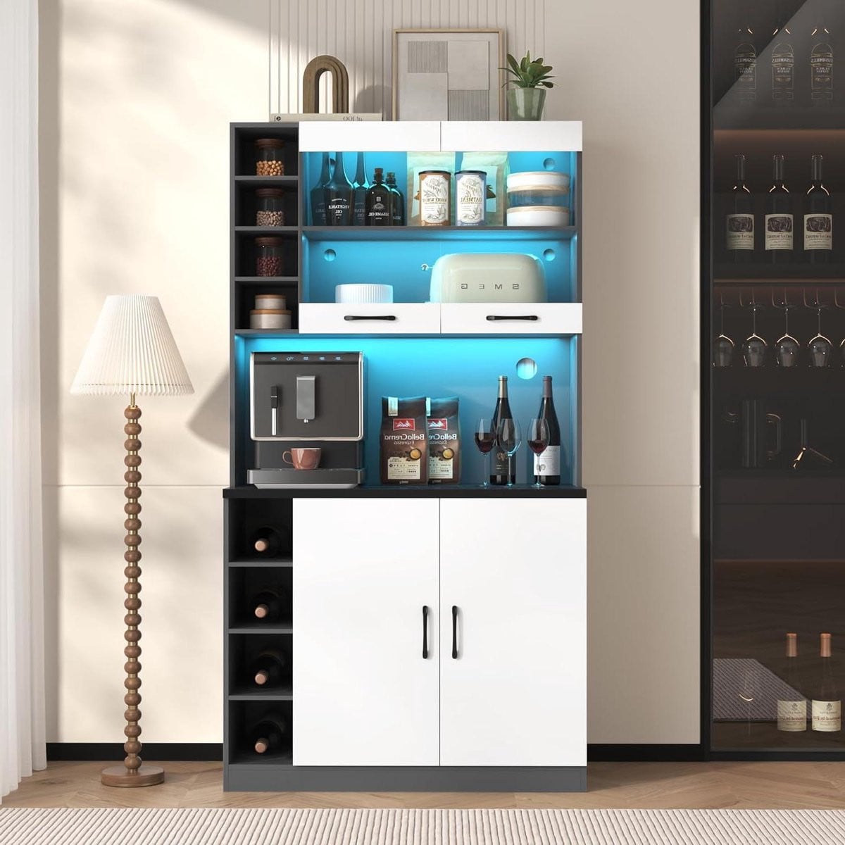 Wit Grijs Keukenkast Buffet Dressoir Hoge Kast met LED Verlichting B/D/H: 100 x 47 x 187 cm