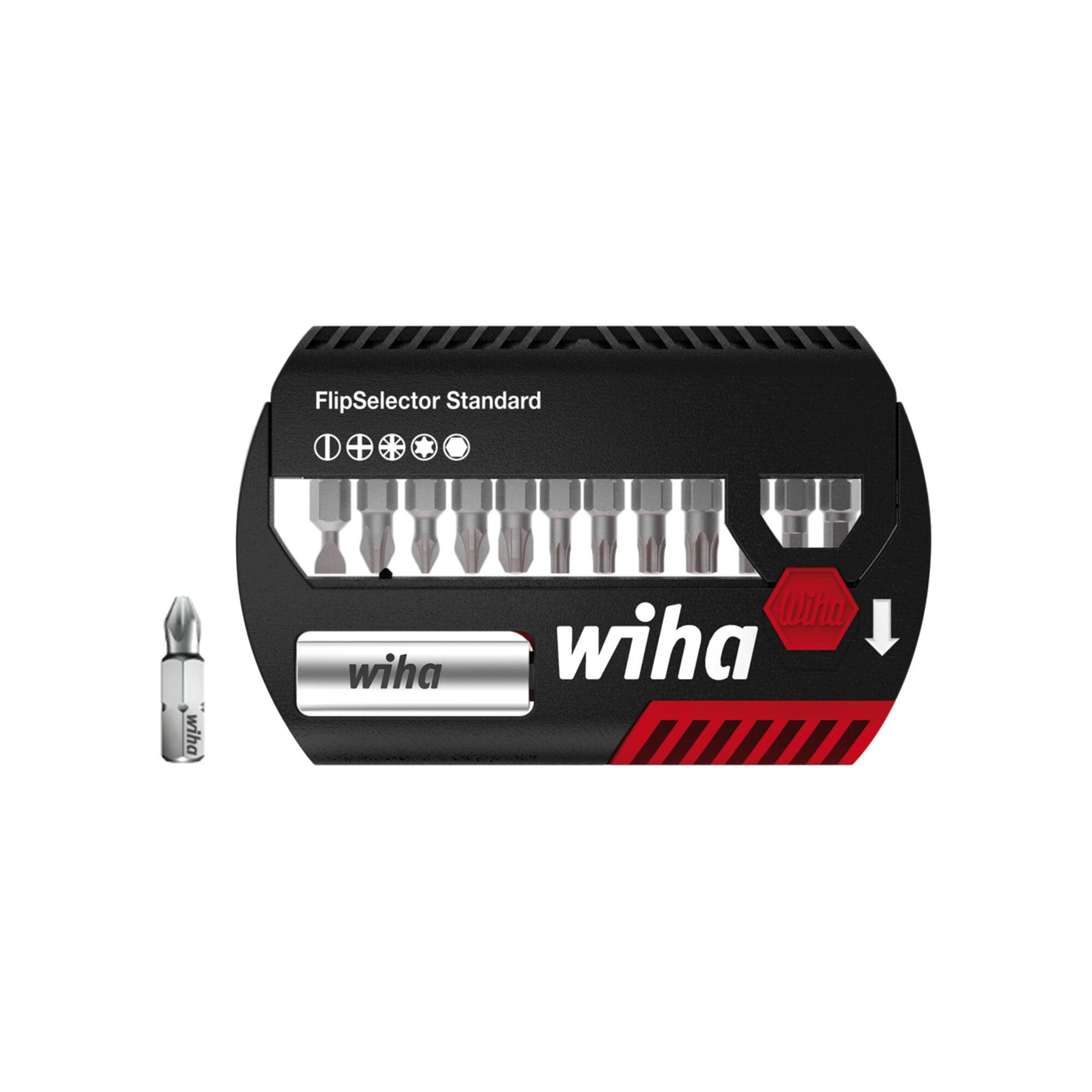 Wiha Bit Set FlipSelector Standard 13-tlg. I 25 mm gemischt 1/4" I magnetischer Bithalter I Öffnen per Knopfdruck (39078))