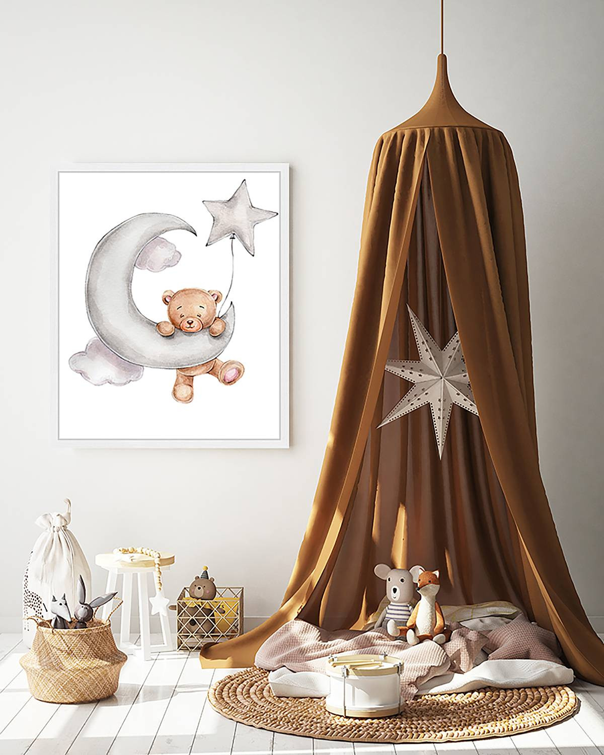 home24 Cute Bear Upon The Moon Wanddecoratie, Meerdere Kleuren, 53 x 63 cm