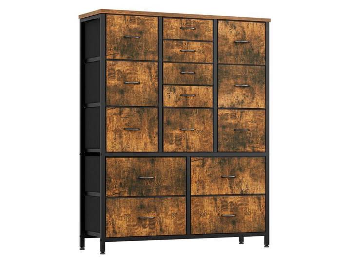 Commode 15 tiroirs tissu – cadre métal 100x30x123 cm – chambre bureau entrée brun