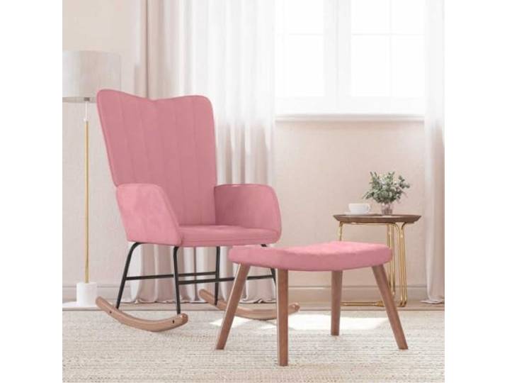 NLQMSU Schaukelstuhl mit Fußstütze, Velours, Rosa Gepolsterter Schaumstoff, Rahmen aus Stahl, Schienen aus Holz, langlebig, 110 kg