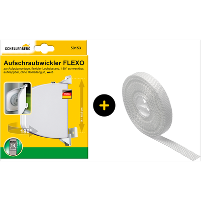 Aufputz-Gurtwickler SCHELLENBERG "Flexo für das Rollladensystem Mini, inkl. Rollladengurt in weiß", weiß, 1 Stk., Gurtwickler, Aufschraubwickler aufklappbar, höhenverstellbar, 180 schwenkbar weiß