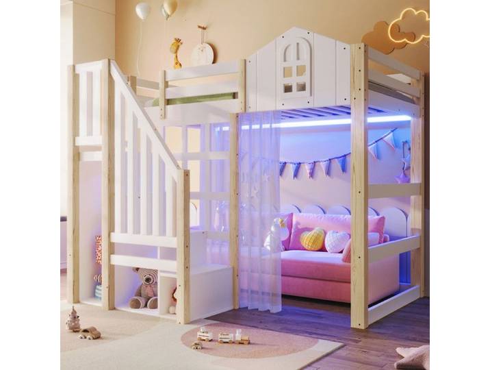 Lit mezzanine - MODERNLUXE - 90x200 cm - LED - Échelle de rangement - Blanc + Naturel
