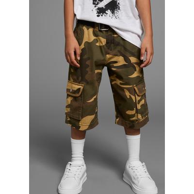 Shorts KIDSWORLD "2tlg. Bermudas mit Gürtel", Mädchen, Gr. 170, N-Gr, braun (braun tarnfarben), Web, Obermaterial: 100% Baumwolle, tarnfarben, bequem, Hosen Shorts, mit Textilgürtel