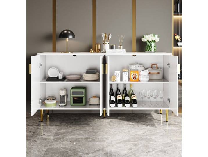 Buffet bas meuble rangement blanc 152 cm décor ondulé détails dorés MDF anti-basculement Grjofek