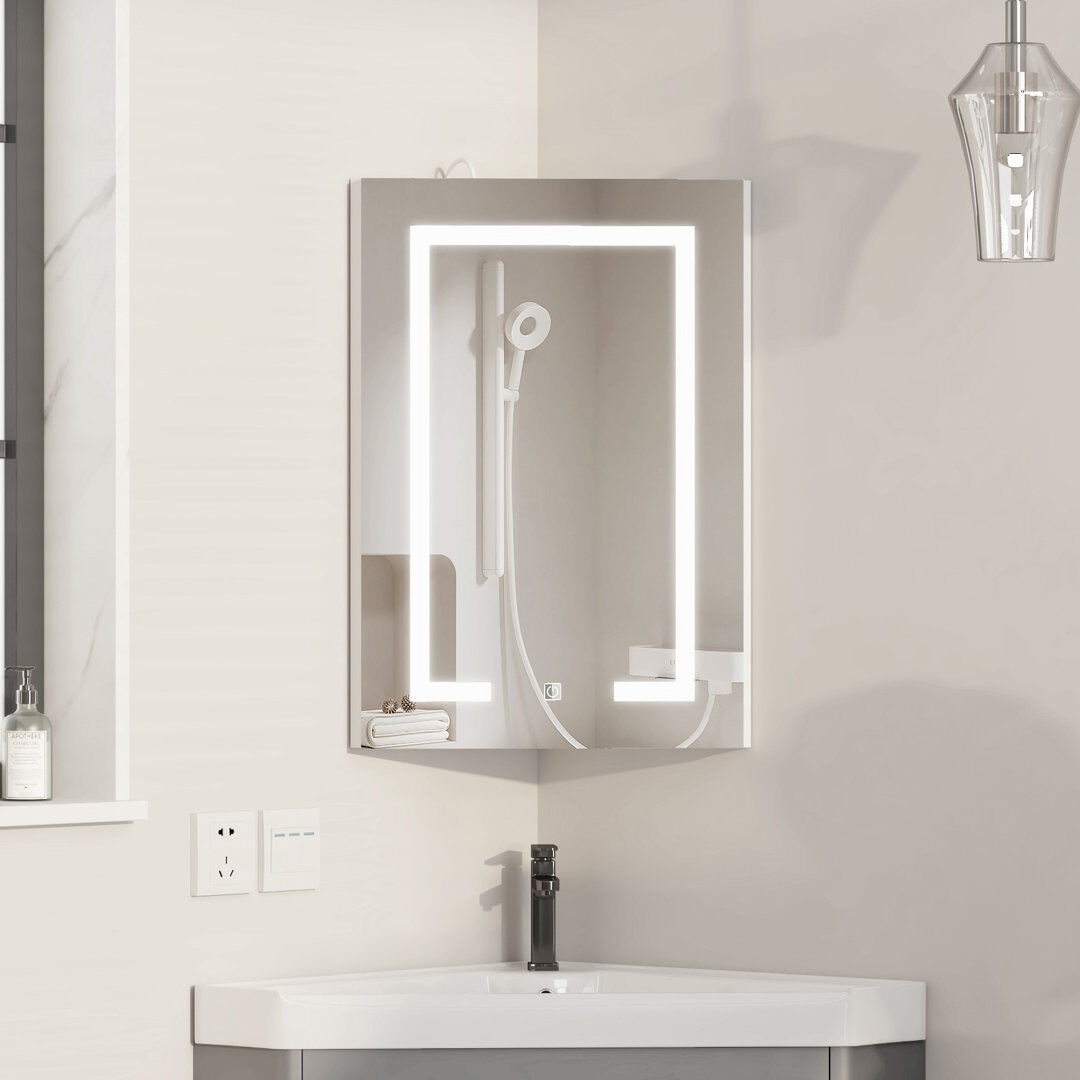 Latitude Run Ayyat 40 W x 60 H cm Corner Illuminated Mirror Cabinet 3 Shelf Chrome 60mm H