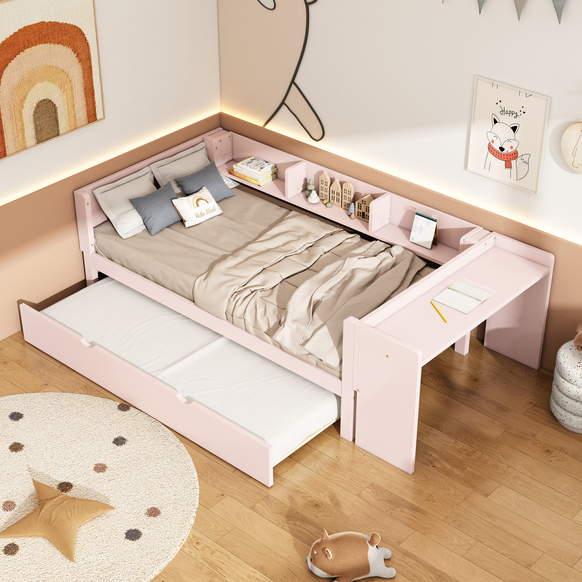Abrihome Kinderbett Holzbett Flachbett-90x200cm mit Ausziehbarem Bett, Schreibtisch und Regalen an der Seite des Bettes, Rosa