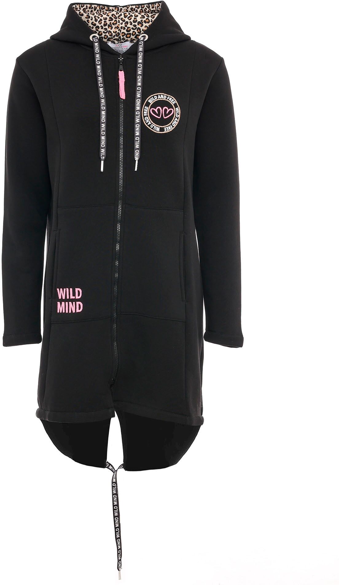 Jerseymantel ZWILLINGSHERZ "Wild Strong Free", Damen, Gr. S, schwarz, Sweatware, Obermaterial: 50% Baumwolle, 50% Polyester, bedruckt, unifarben, bequem kniefrei, Rundhals, Mäntel Jerseymantel, mit Kapuze, Taschen, Front und Backmotiv Wild Strong Free sch