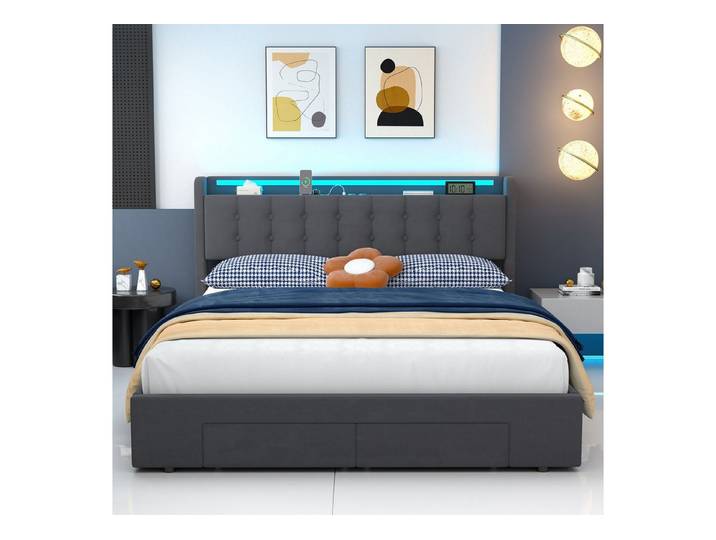 MODFU Polsterbett LED-Beleuchtung, 2 Steckdosen & 2 USB-Ladeanschlüsse (Funktionsbett, 1-tlg., Funktionsbett 160x200 cm, Samt, Bettkasten), Inklusive Schubladen, praktisches Design, ohne Matratze