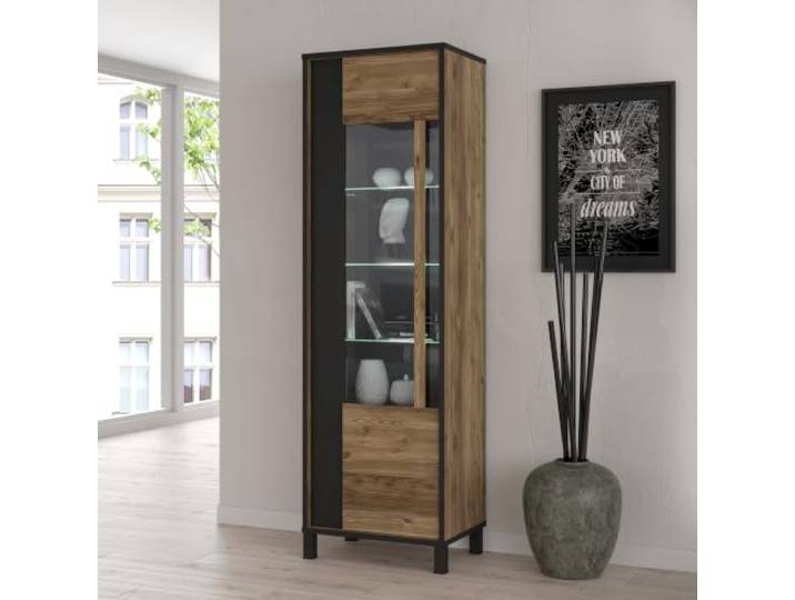 Forte Möbel HAYATO Vitrine, Holzwerkstoff, Schwarz/Alpenfichte, B x H x T: 59,8X 194x 42 cm