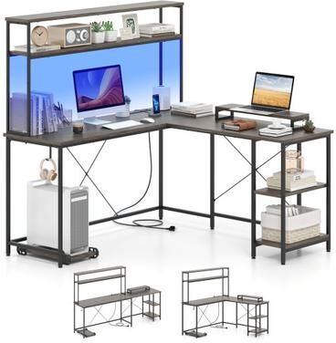 Costway L-Shaped Reversible Gaming Desk with LED Strip and Power Outlets Hutch Monitor Stand-Gray