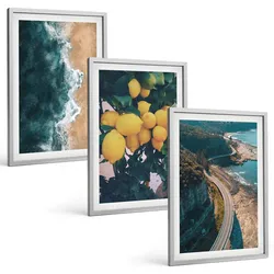 BILDER SET 3er Set - 40x60 cm Silberner Rahmen - Meerstrand Zitronen Berge