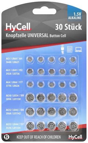 HyCell Knopfzellen-Set je 5x AG 1, AG 3, AG 4, AG 10, AG 12, AG 13