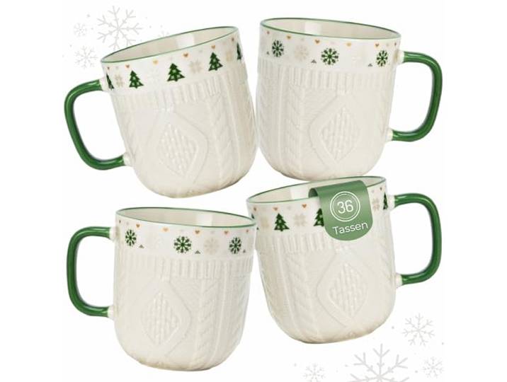 Kaffeetassen 36er Set weiß mit grünem Henkel - Weihnachts-Tassen mit Strickmuster Porzellan 345 ml