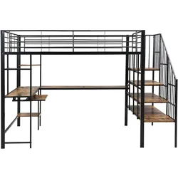 MODFU Hochbett Metall/Holz Schwarz-Dunkelwalnuss 251,5x125x170 cm, gewerblich geeignet, mit Ecktreppe, Schreibtisch & Ladeanschluss