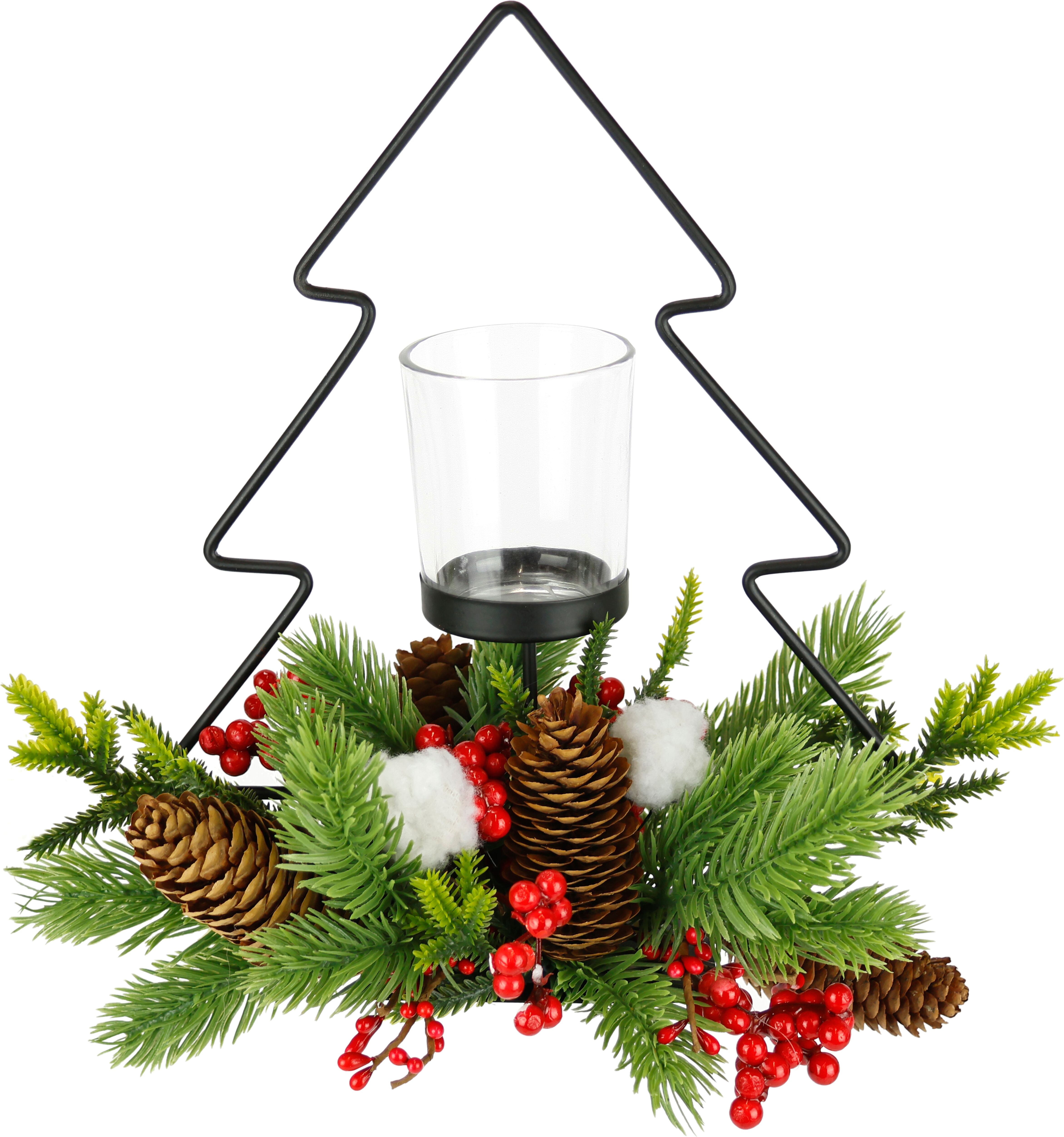 Teelichthalter I.GE.A. "Dekofigur Metall-Tannenbaum mit Glaseinsatz", grün (grün, rot), B:20cm H:25cm, Metall, Kerzenhalter, Teelichthalter, Tannenzweige Zapfen Kerzenhalter Dekolicht Weihnachtsdeko Windlicht grün, rot B/H/T: 20cm x 25cm