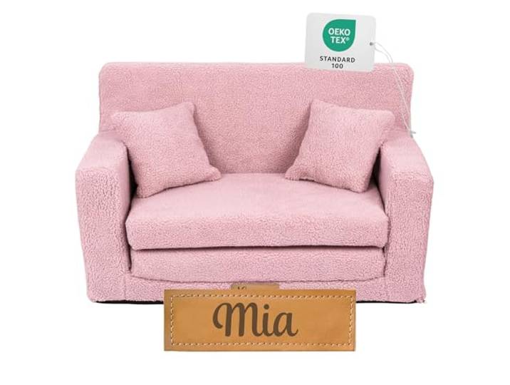 Flumi Kleinkind-Sofabett aus Schaumstoff - Personalisiert mit Kindernamen - Abnehmbarer Bezug - Ausklappbare Kindercouch zum Spielen & Schlafen (Rosa Boucle)