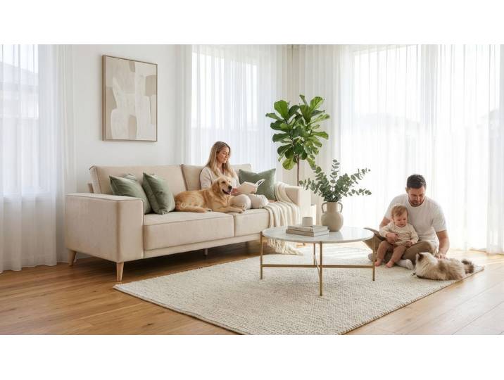 OTTO home 3-Sitzer Oland Skandi, weicher Chenille-Stoff, 224 cm, Wellenunterfederung, Skandi-Design, Massivholzfüße