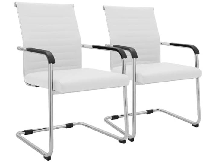 CLP Freischwinger Stühle 2er Set mit Armlehnen Hakon, Moderne Esszimmerstühle gepolstert in Lederoptik, Metallgestelle verchromt Farbe weiß