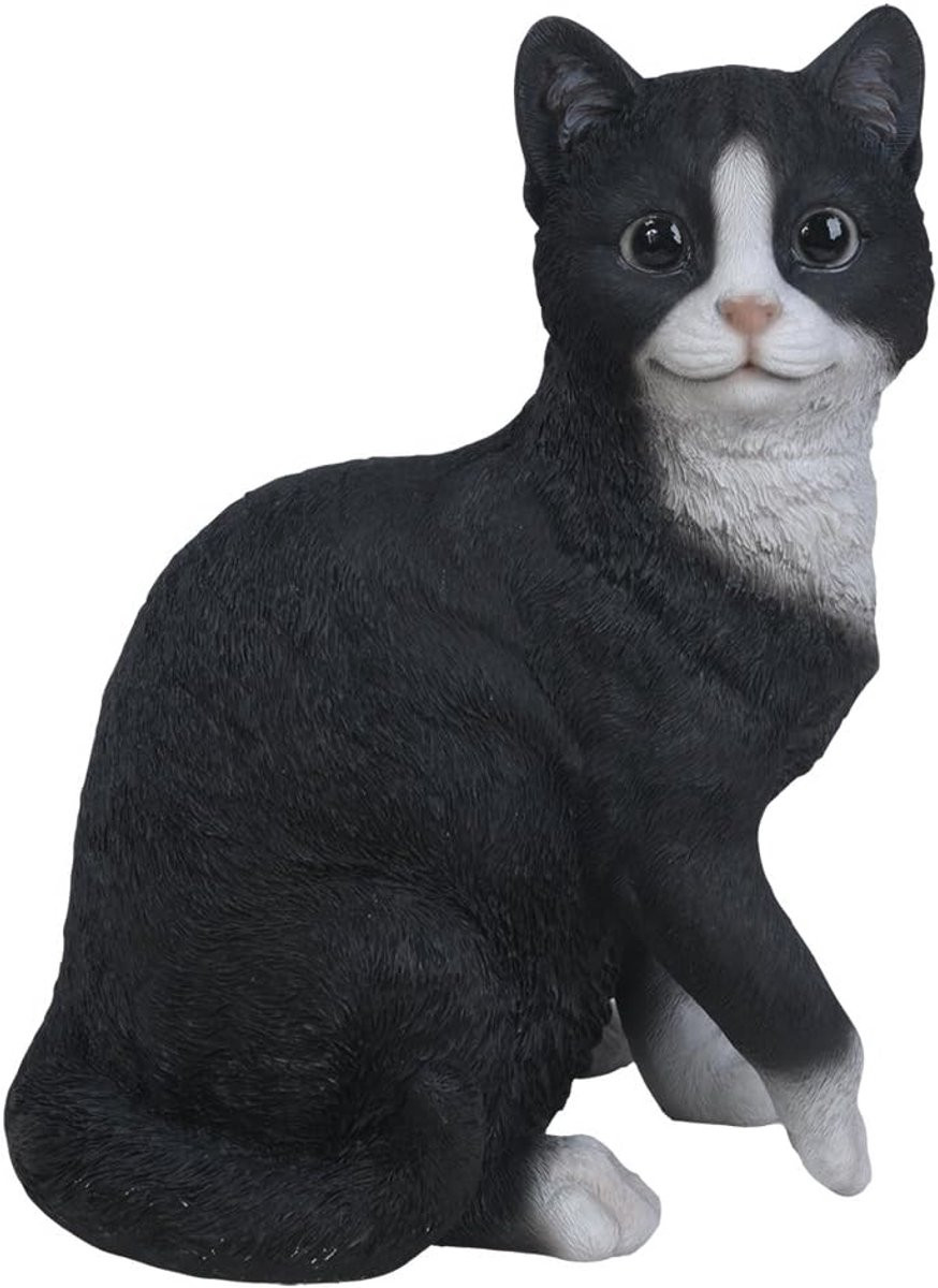 Realistisch Zwart-Wit Kat Kitten Figurine - Handgeschilderd Hars Beeldje met Glazen Ogen