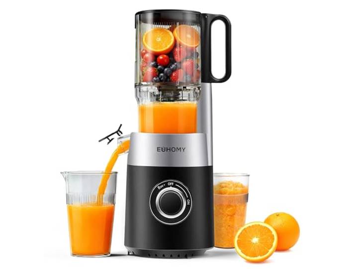 EUHOMY Extracteur De Jus Fruits Et LéGumes à Froid\, Presse à Jus Lente Avec Goulotte 135 Mm\, Extracteur Lent En Acier Inoxydable\, Extracteur De Jus Appareil Facile à Nettoyer\, Capacité 1\,8 L\, Noir