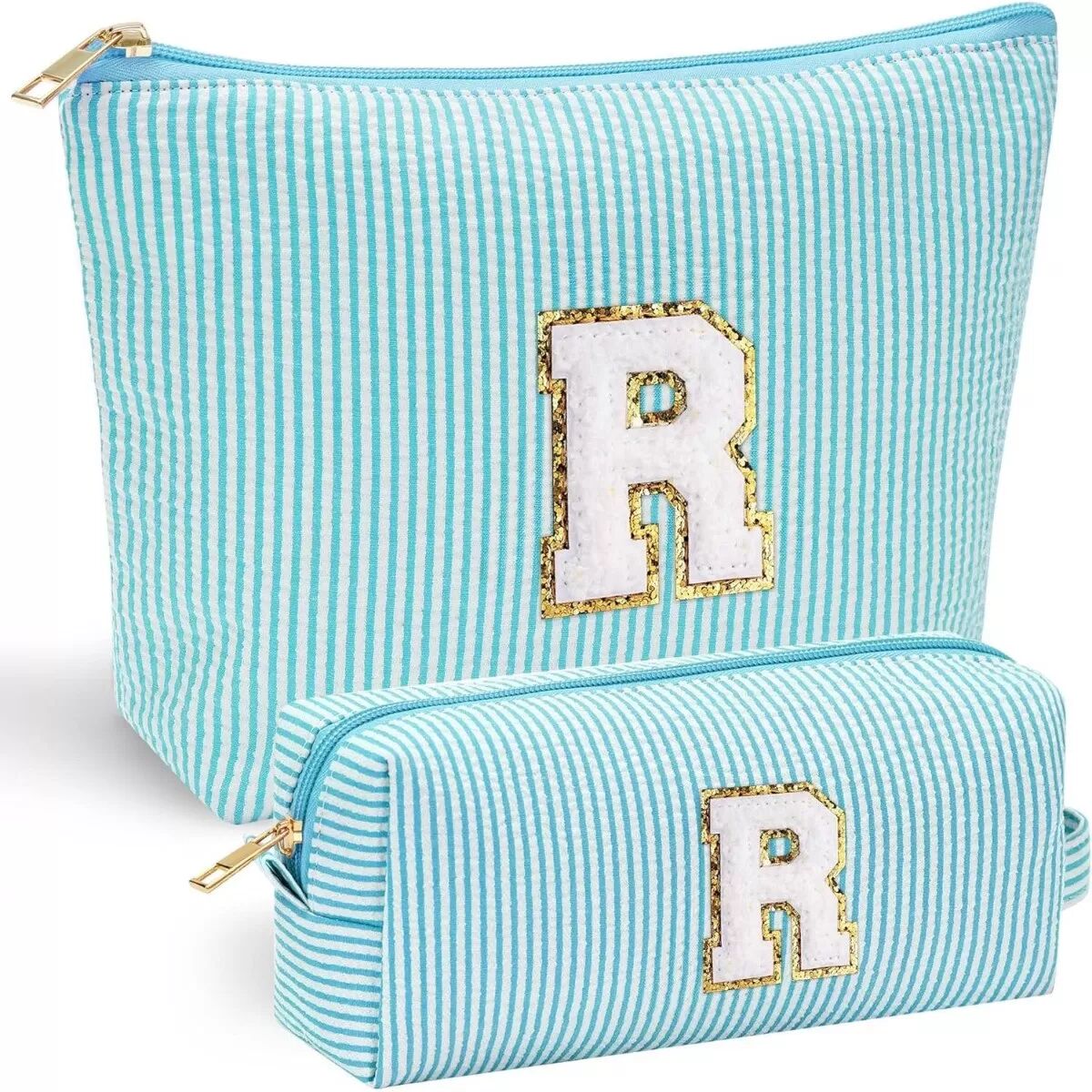 INF 2-teiliges Reise-Make-up-Taschen-Set mit Buchstabe R – Kosmetik-Organizer aus Oxford-Gewebe, Blau