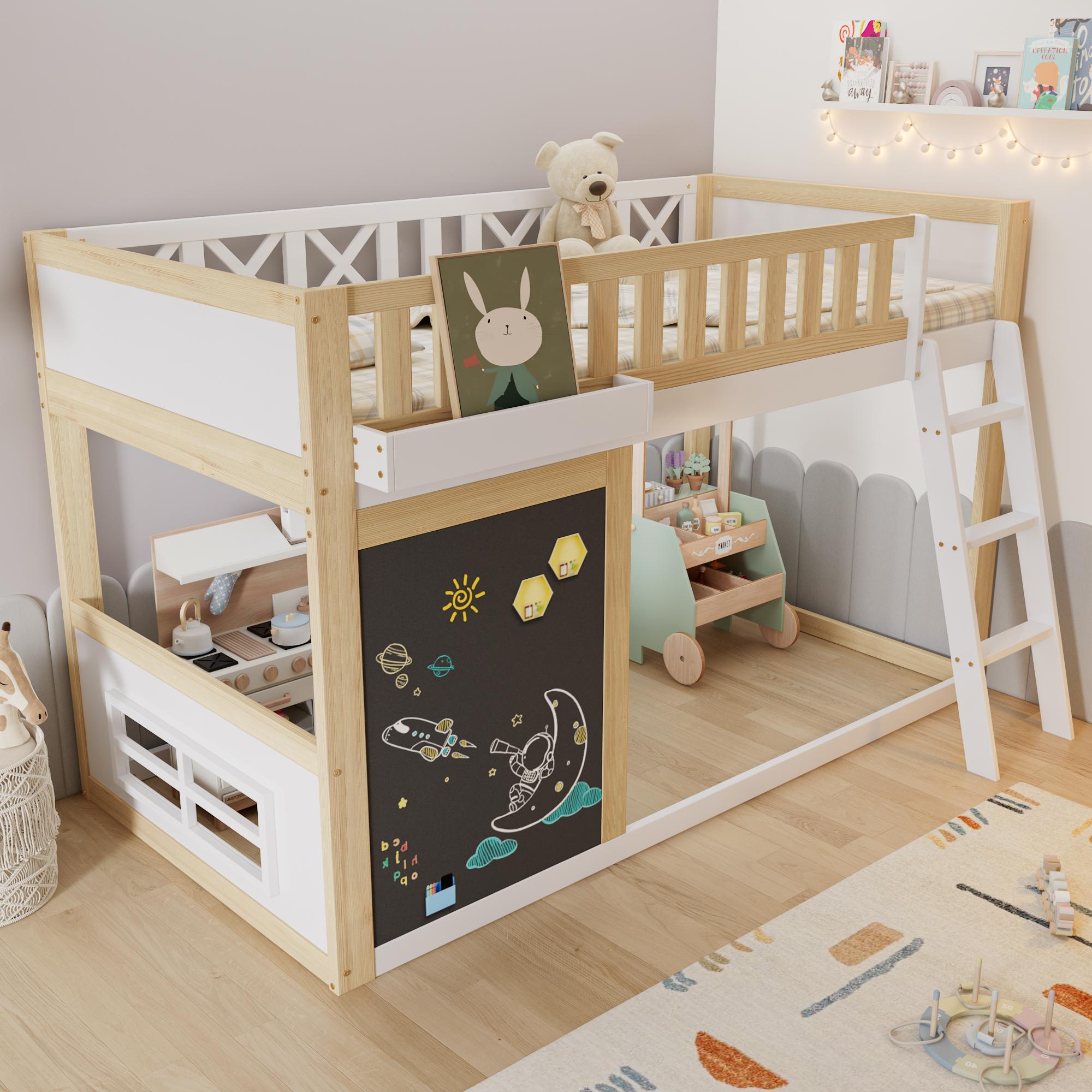 Merax Kinderhochbett 90x200 cm, Hochbett mit Tafel zum Bemalen, Aufbewahrungsbox, Stauraum unten, Einzelbett mit Sicherheitsgeländer, Kiefer+MDF, Weiß+Natur