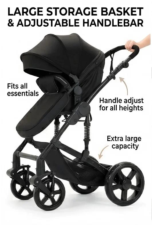 Kinderwagen - 3-in-1-Reisesystem - Faltbar - Wendbarer Sitz - Autokindersitz-kompatibel - Geländegängige Räder - Belastbar bis 20 kg - Schwarz