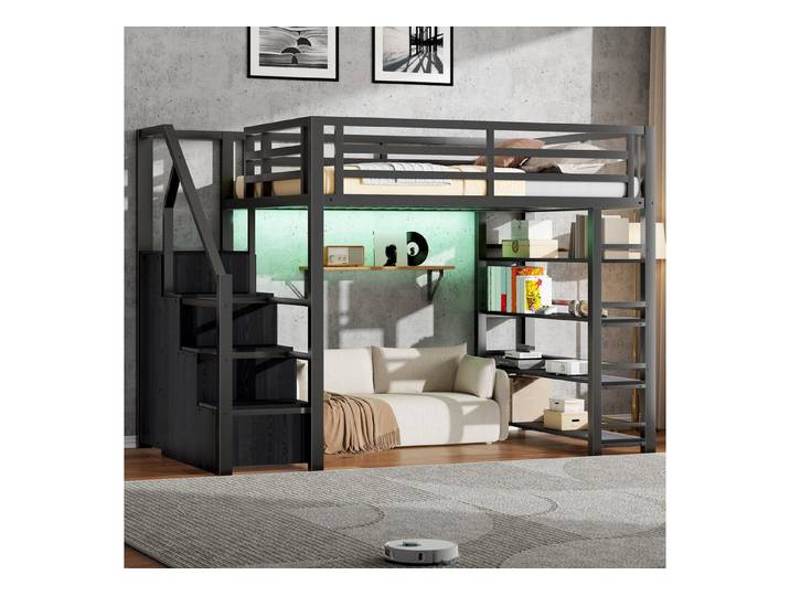 MODFU Hochbett Alles-in-Eins Hochbett (mit LED-Beleuchtung, Schwarz, 1-St., 255 x 145.5x 170)